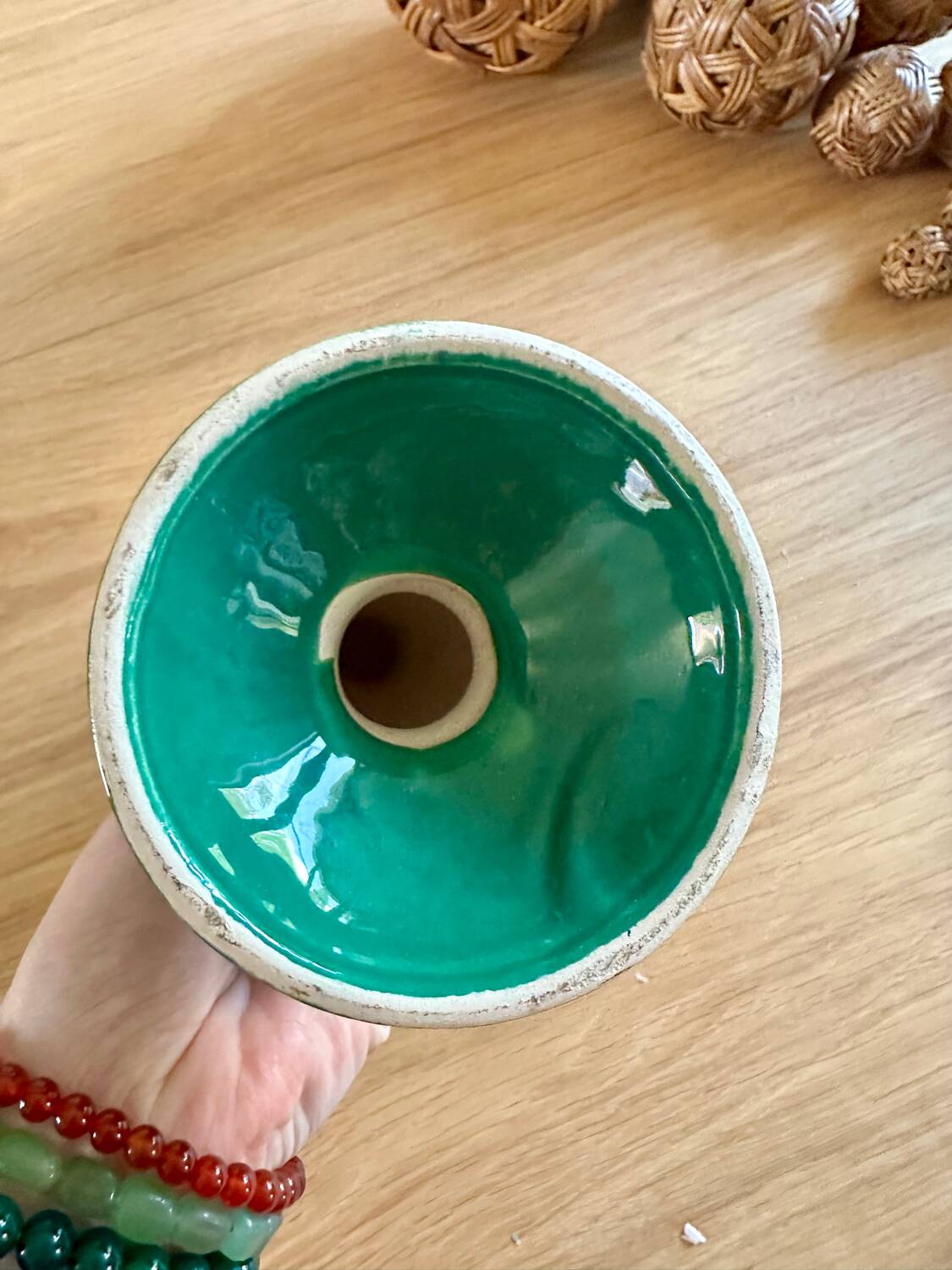 Vintage green ceramic candlestick