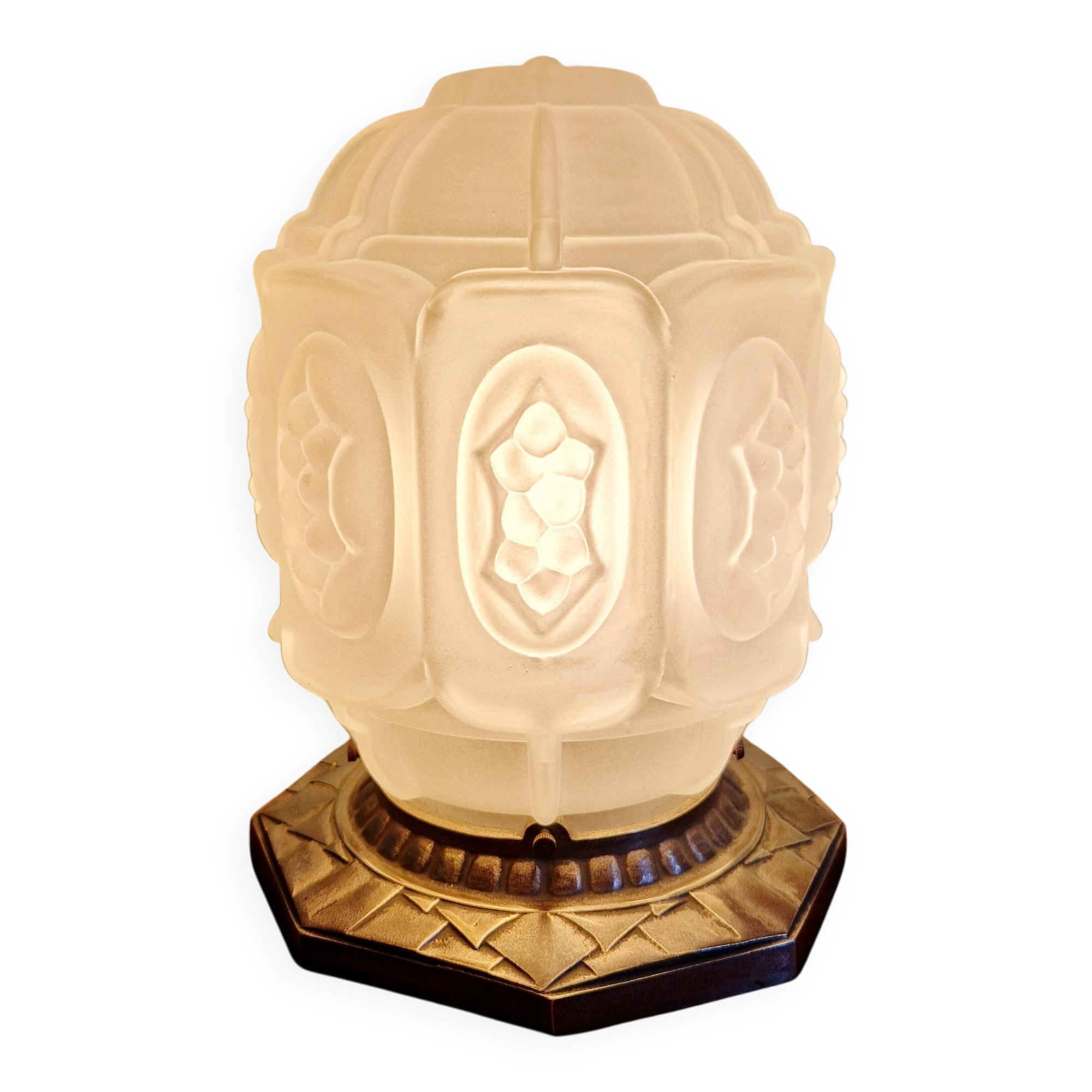 Art Deco night light in nickel-plated bronze and frosted glass, 1920.