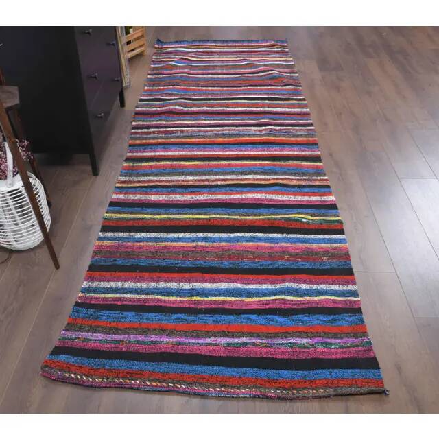 Vintage Turkish Hand-Knotted Wool Cotton Red Kilim Runner Rug 107x336