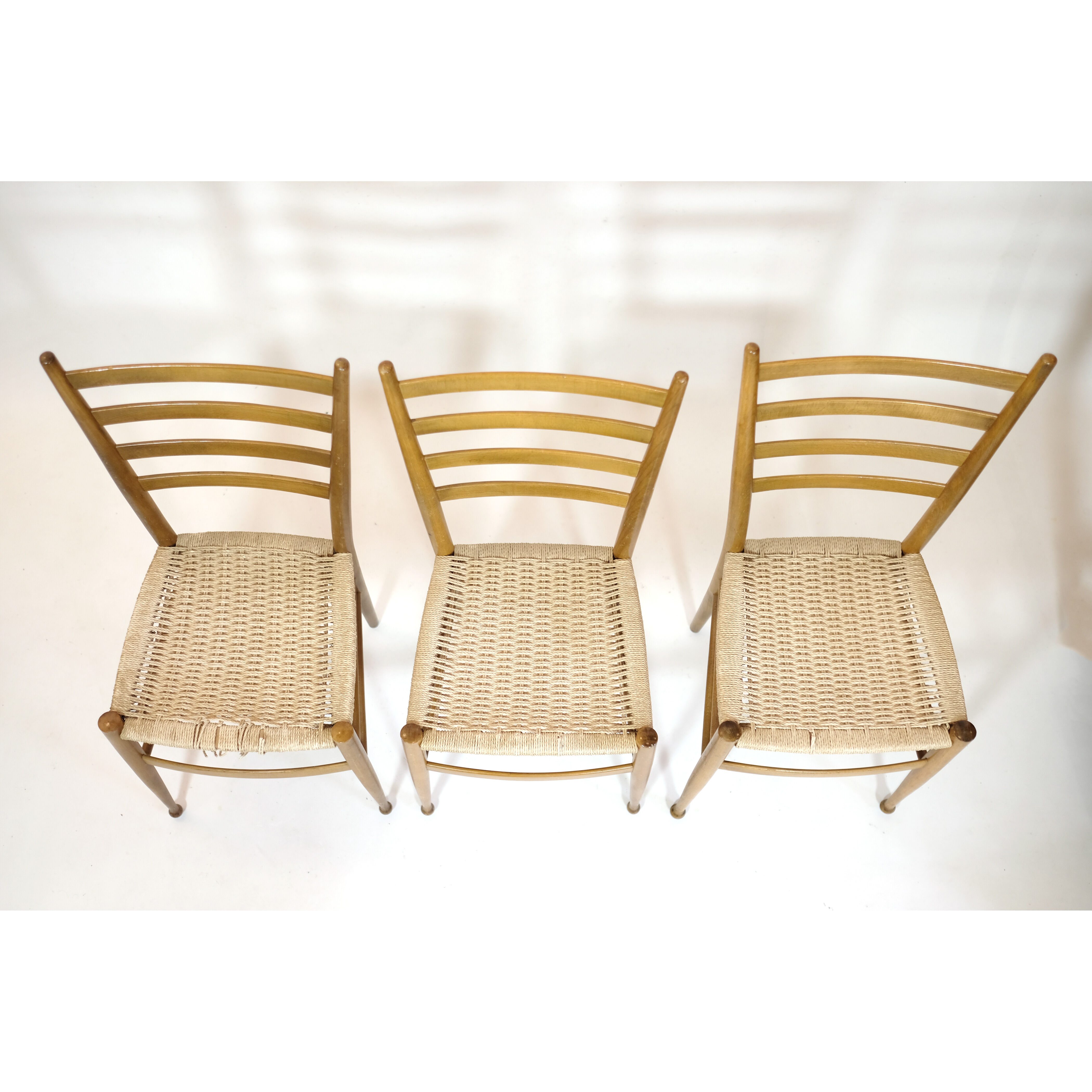 Trio of wooden chairs and rope, Italy, 1950s
