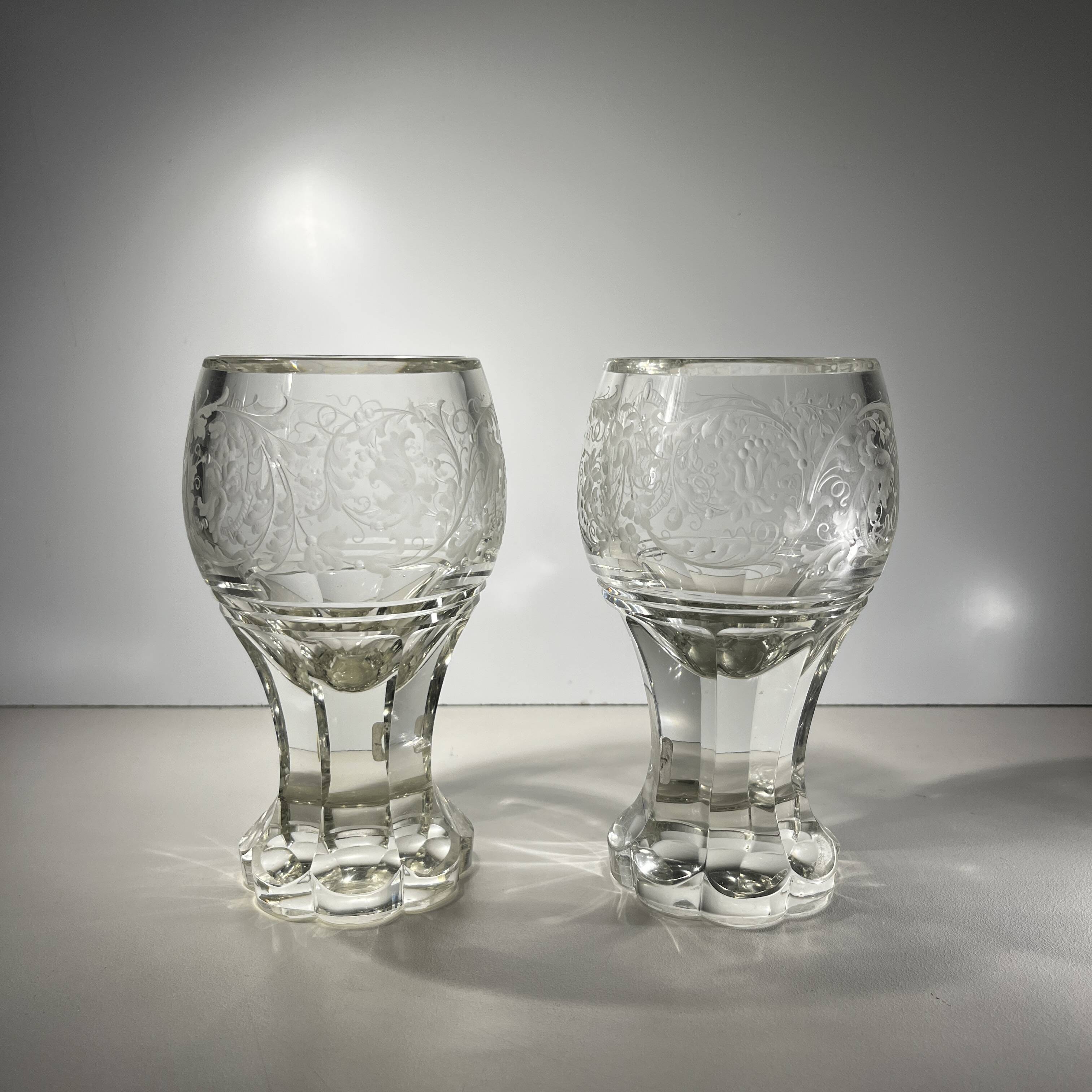 Pair of stemmed glasses in thick crystal, Bohemian, circa 1900