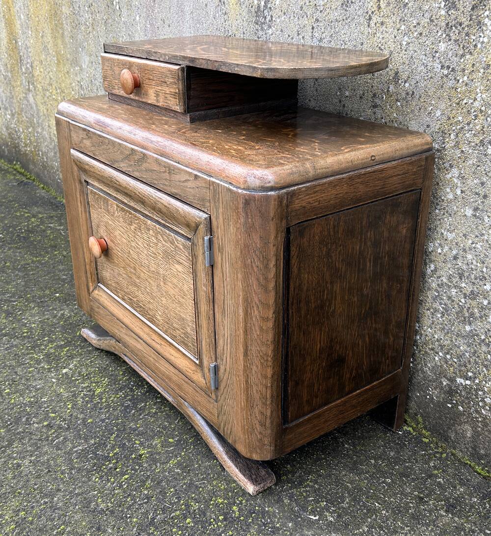 Art Deco bedside table, oak, moustache legs, 1930s