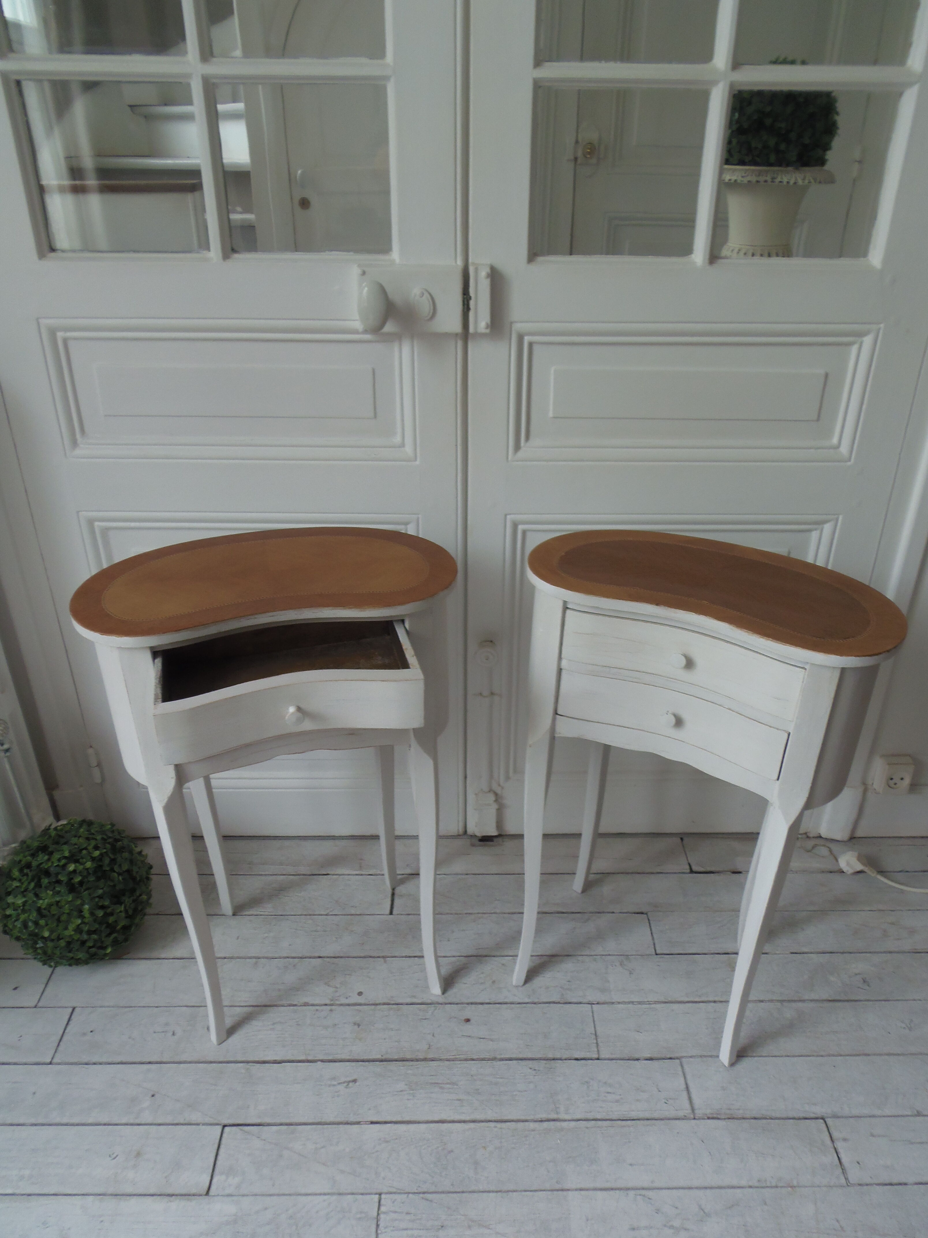 Vintage bedsides patinated pearl grey, branded wooden trays