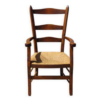 Fauteuil de grand-père en bois, assise paillée