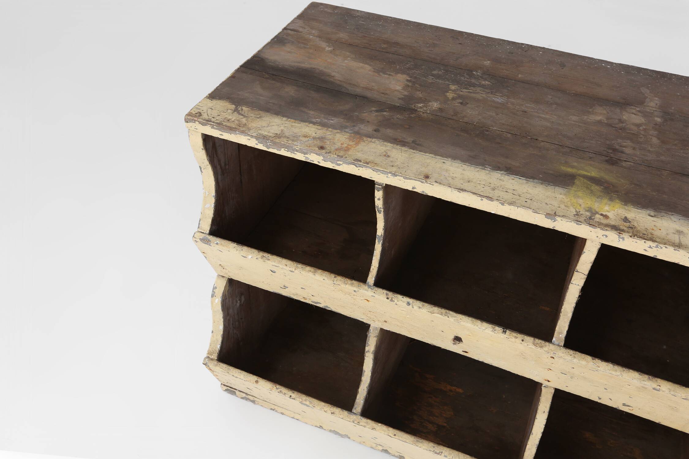 Unique industrial lacquered compartment cabinet with rich patina, France, 1890