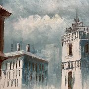 Vintage painting from the 1950s-60s, view of Paris and Les Invalides