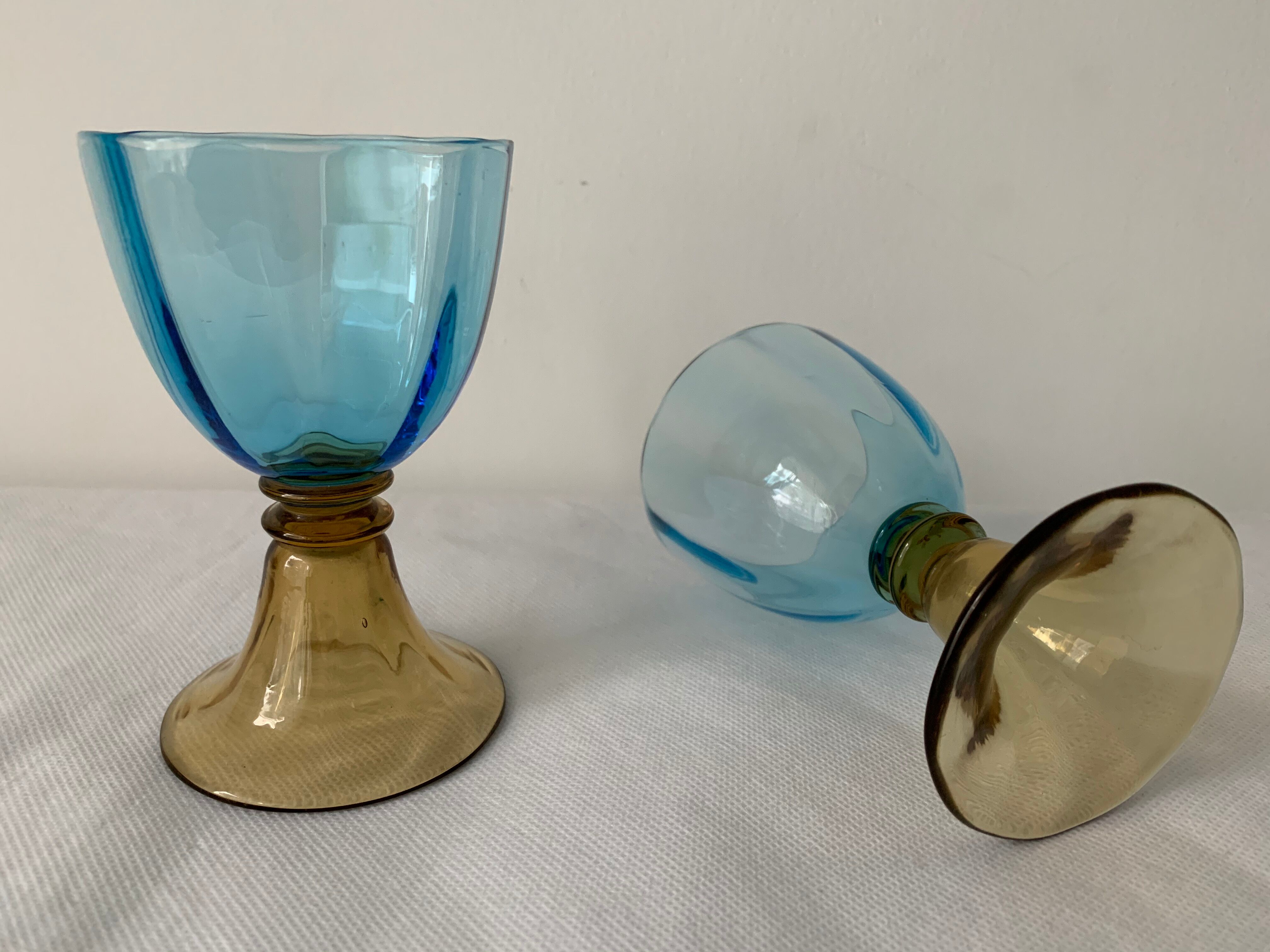 5 glasses in amber and blue crystal George Sand diabolos 19th century
