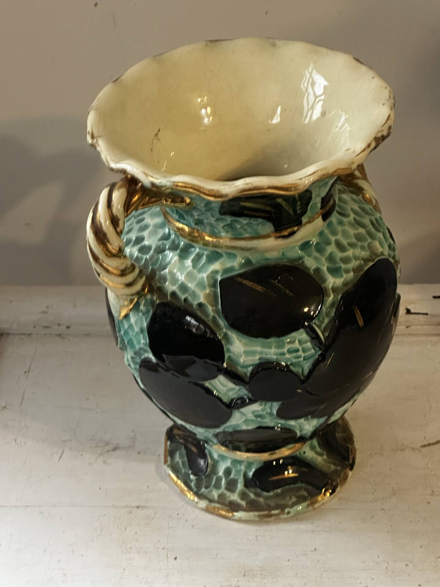 Pair of Vallauris vases in turquoise and black ceramic enhanced with o