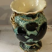 Pair of Vallauris vases in turquoise and black ceramic enhanced with o