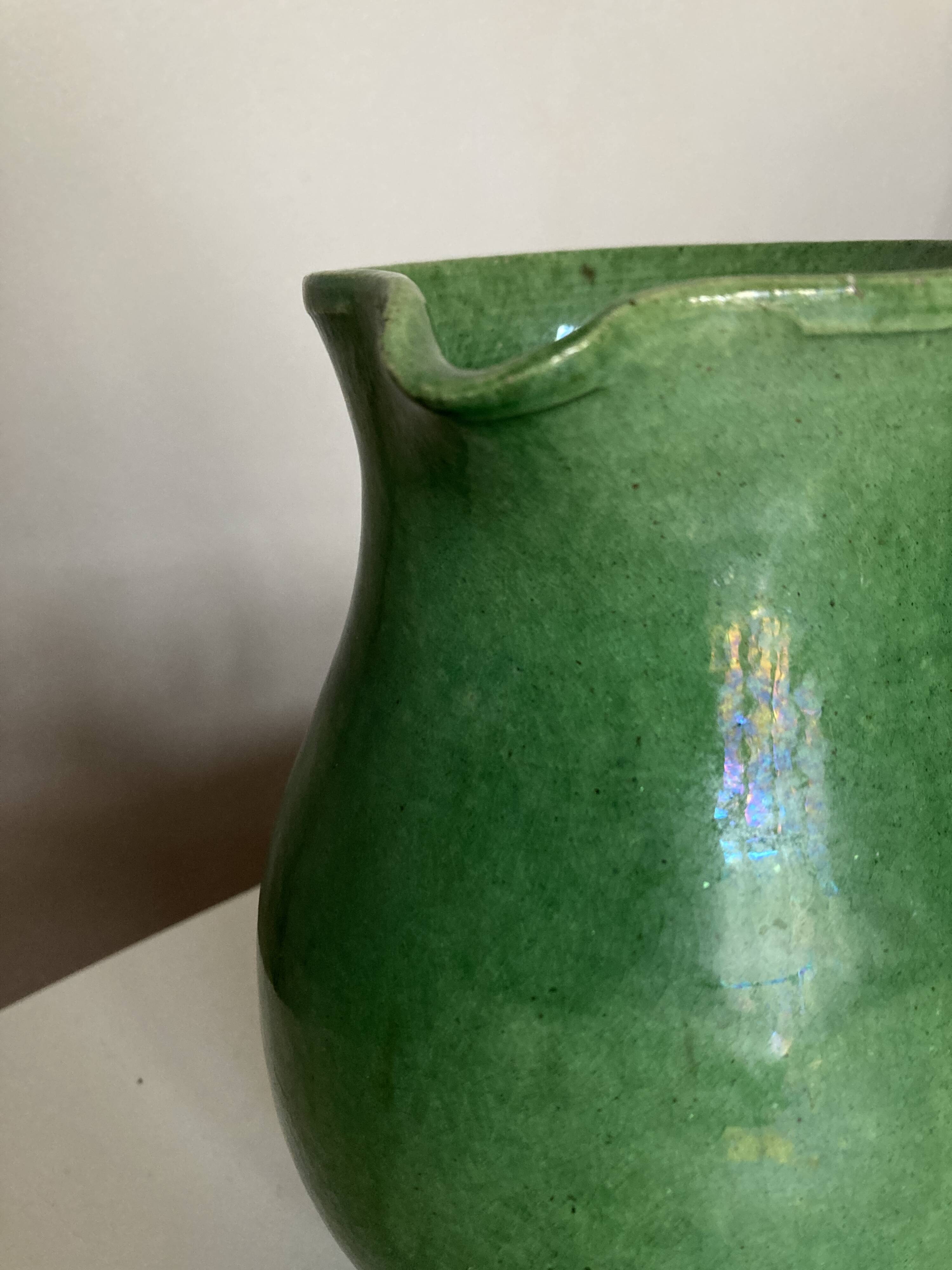 Etienne Noël pitcher vase in Dieulefit green glazed earth 1940