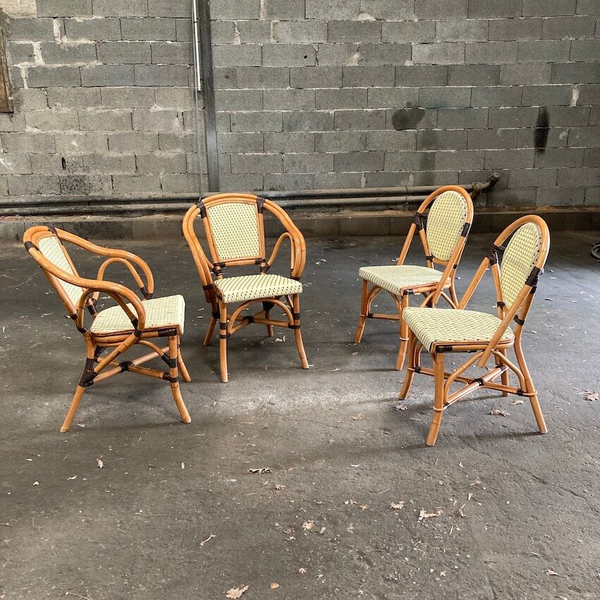 Set of 2 armchairs and 2 Parisian bistro chairs in rattan