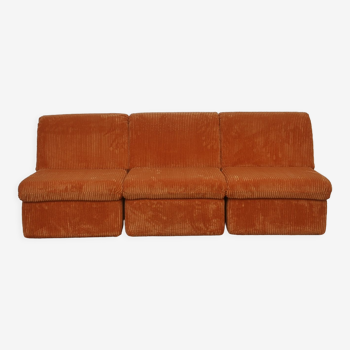 Orange corduroy Modular sofa from the 70's, 3 pieces