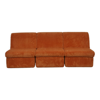 Orange corduroy Modular sofa from the 70's, 3 pieces