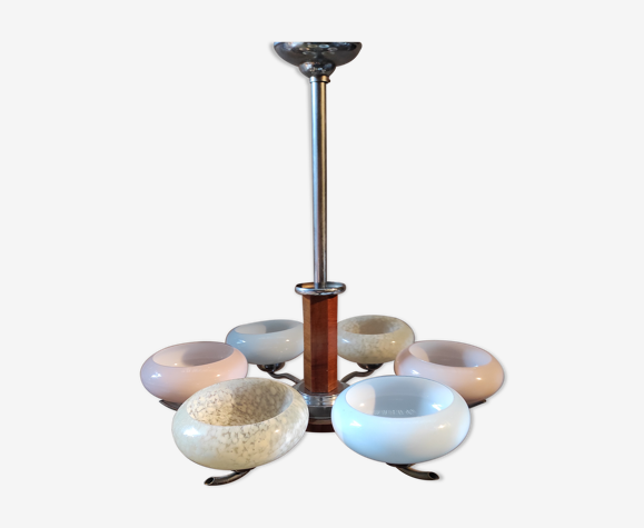 Lustre art déco 6 feux coupole verre de clichy jaune et opalines bleues et roses