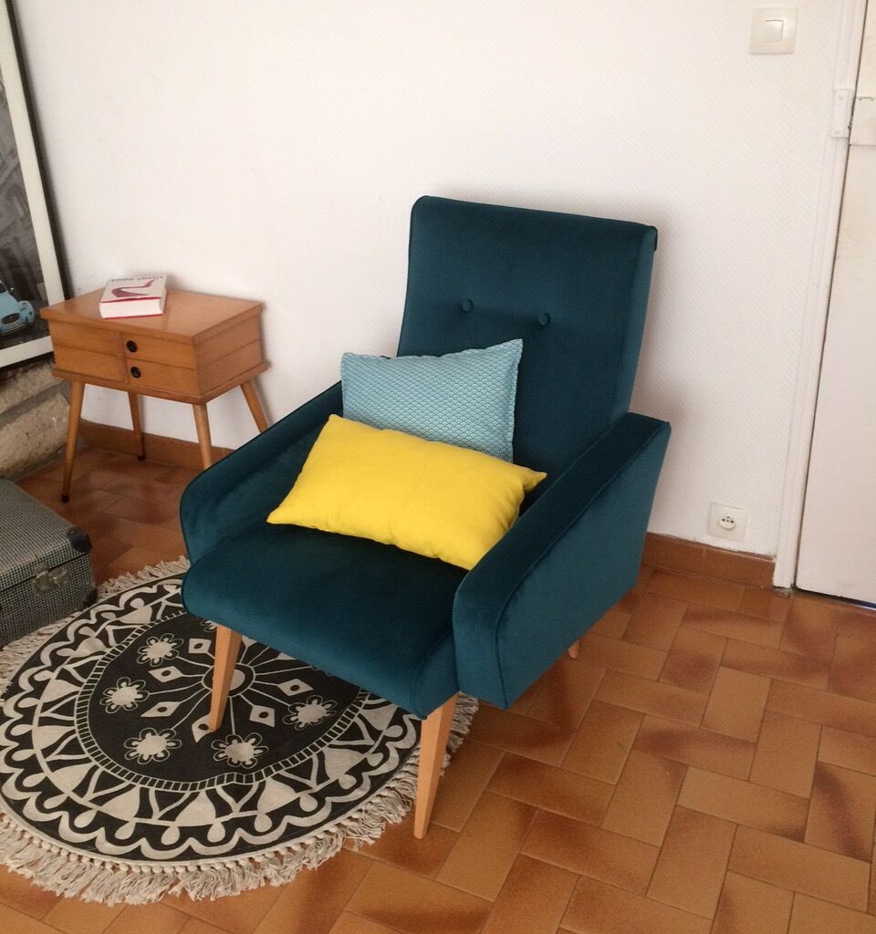 Armchair  50/60 years, duck blue velvet restored