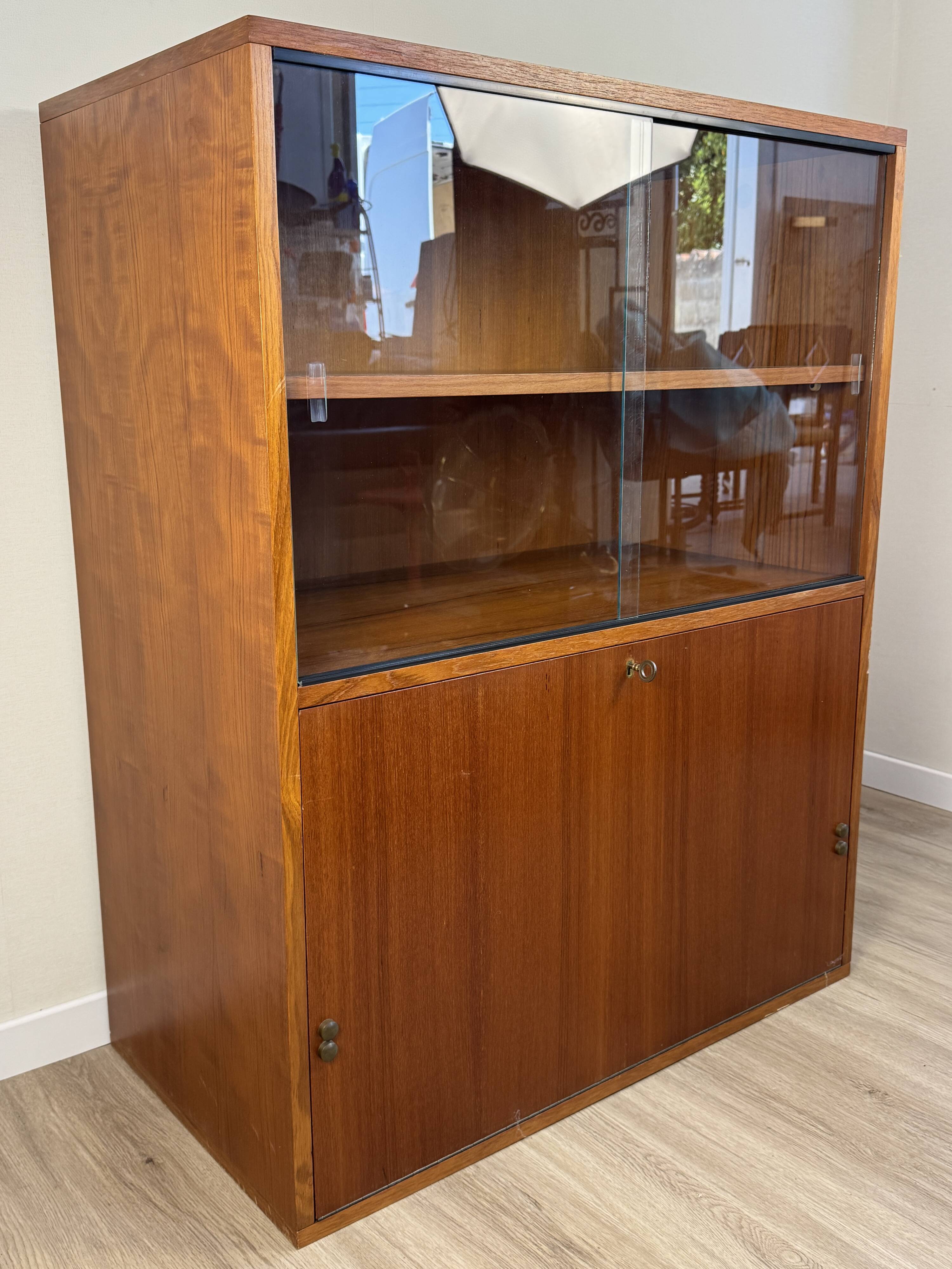 Teak furniture — sliding display cabinet + drop-down door