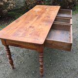 Old cherry farmhouse table with 3 drawers and turned legs