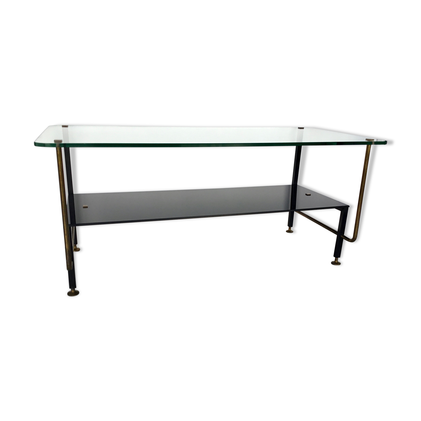 Modernist coffee table in metal tubular base and glass top 1950