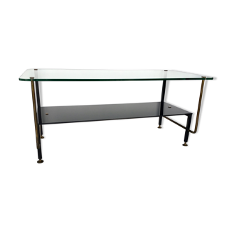 Modernist coffee table in metal tubular base and glass top 1950