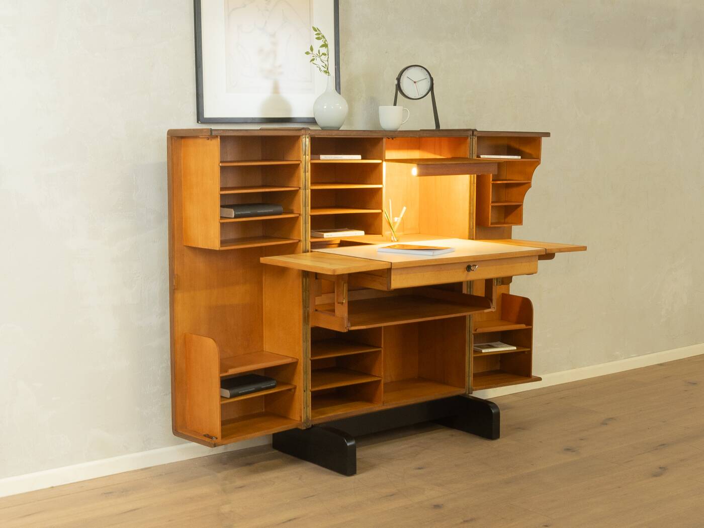 Classic home office from the 1950s, walnut veneer, illuminated interior