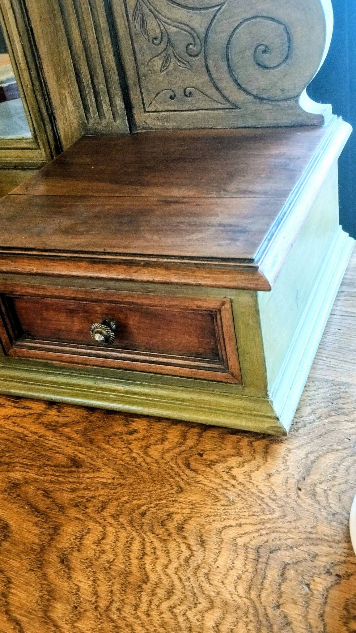 Antique bevelled mirror Farrow and Ball "Green Bancha"