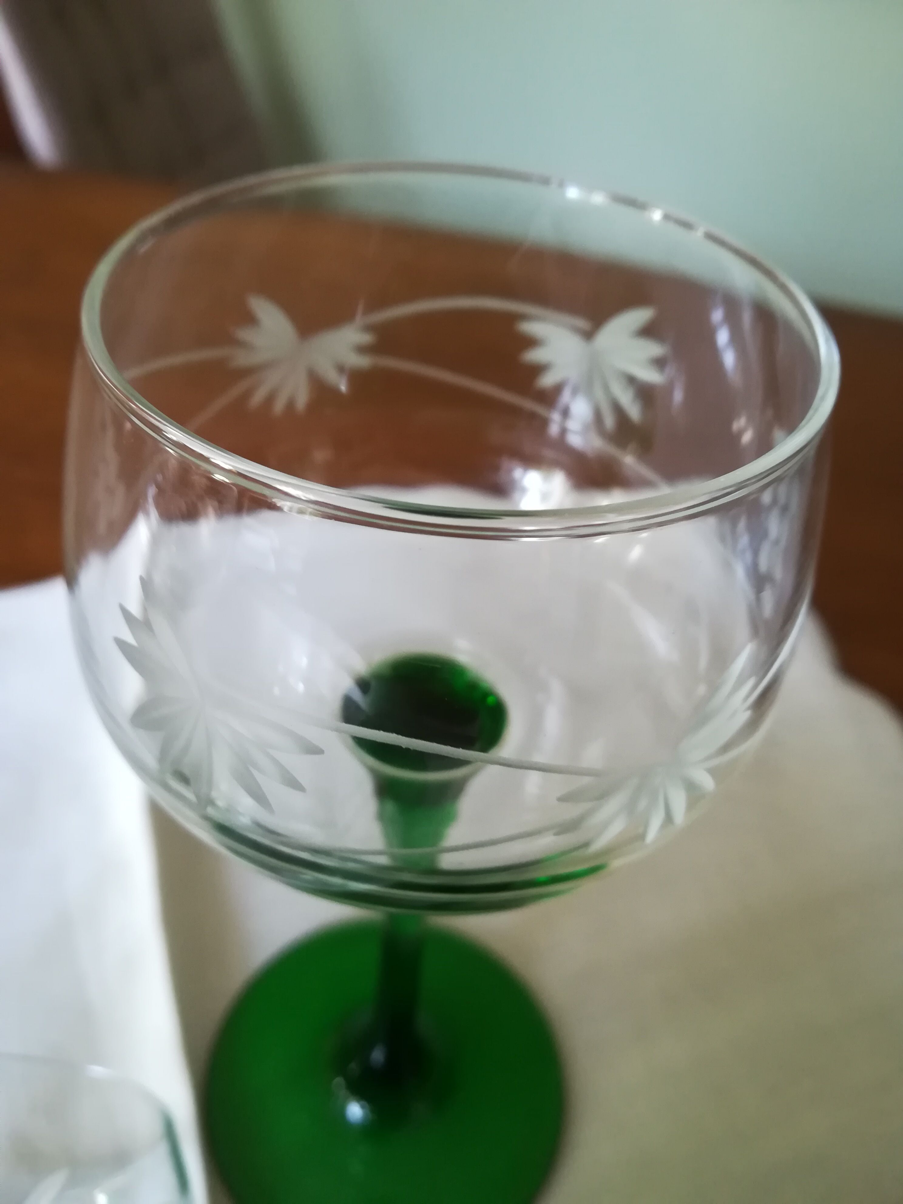 4 engraved Alsace wine glasses green feet