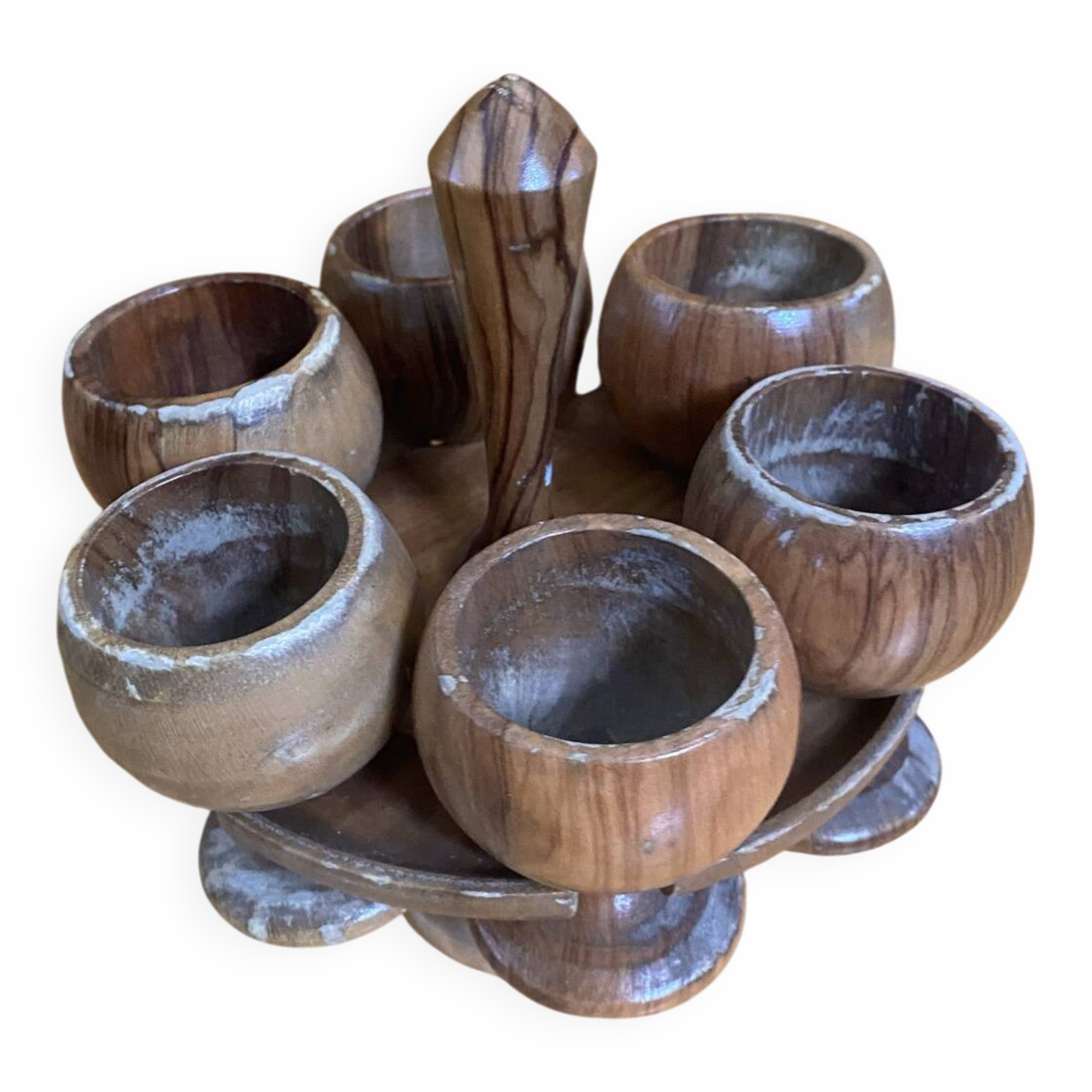 Rotating Display Stand 6 Egg Cups Olive Wood & Teak 1960s Vintage