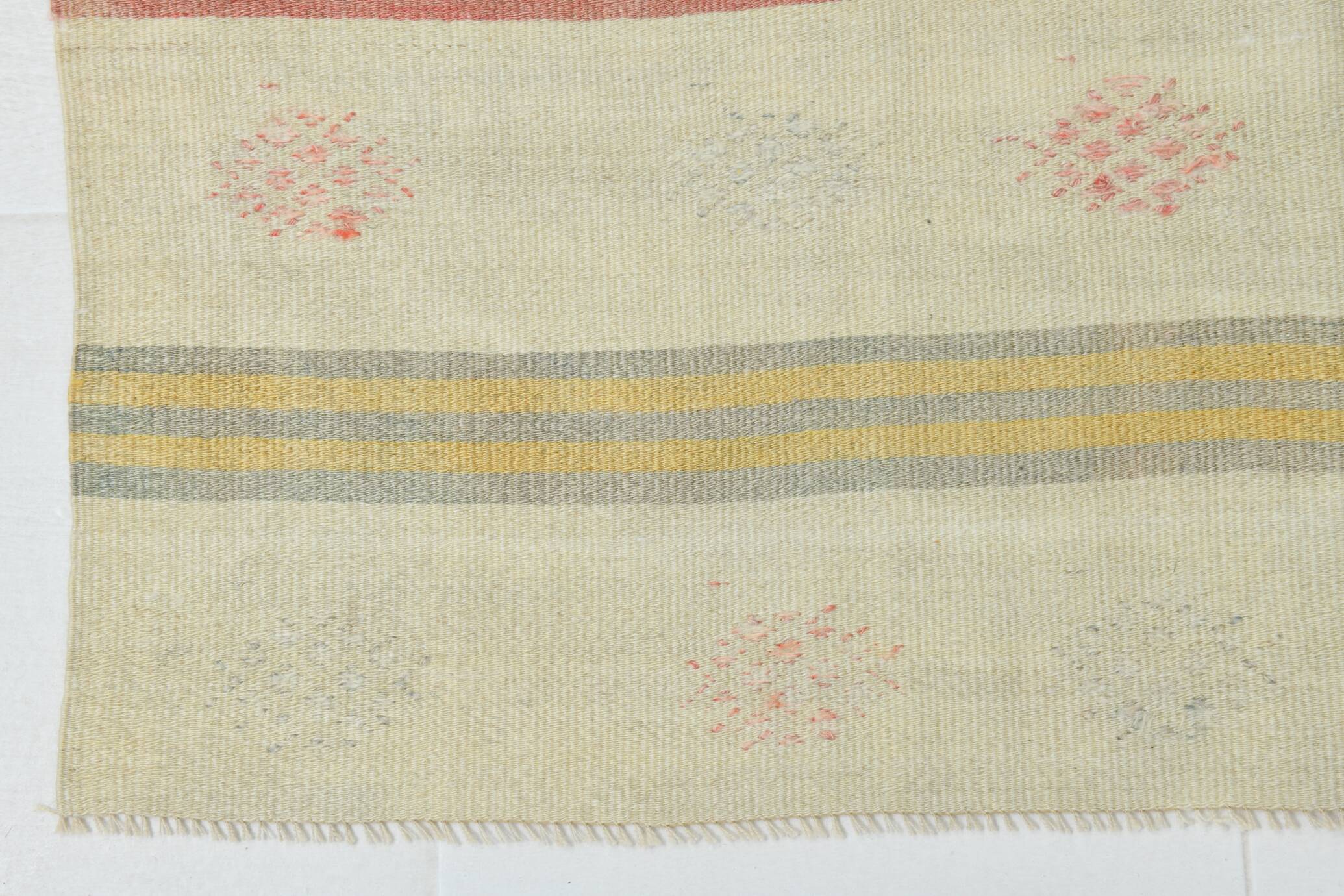 4x4 Cream Pale Red Square Vintage Kilim Rug, 136x142Cm