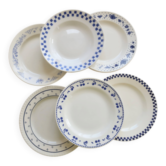 6 mismatched vintage blue and white earthenware dinner plates – Lot Marl