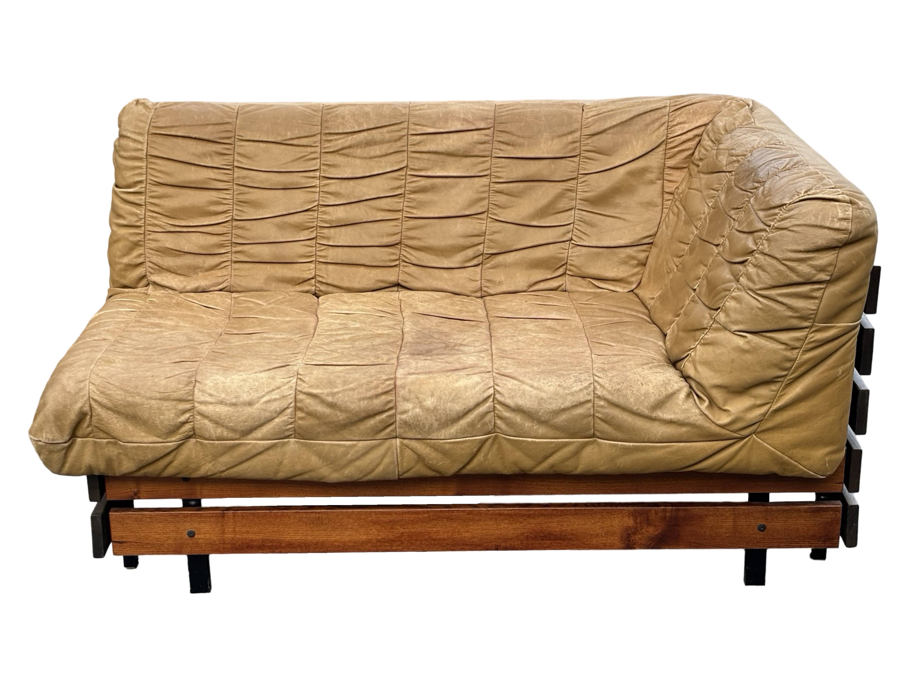 Vintage cognac brown sofa, small slatted model, 1970s