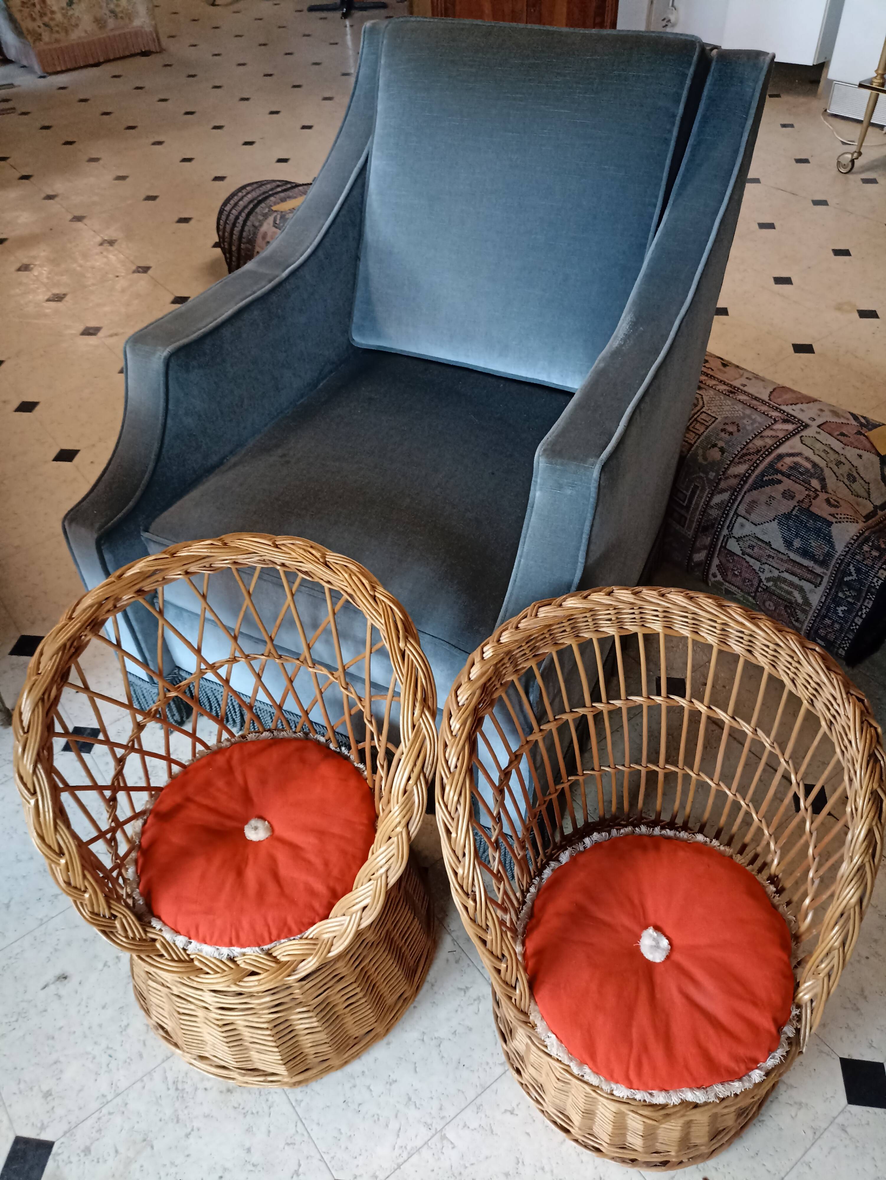 Set of 2 vintage 1970s rattan children's armchairs with orange cushions