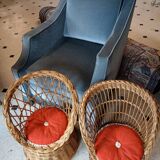 Set of 2 vintage 1970s rattan children's armchairs with orange cushions