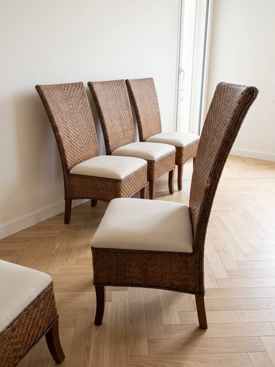 Set of 6 dining chairs in rattan and wood