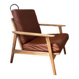 Wood and scandinavian leather armchair