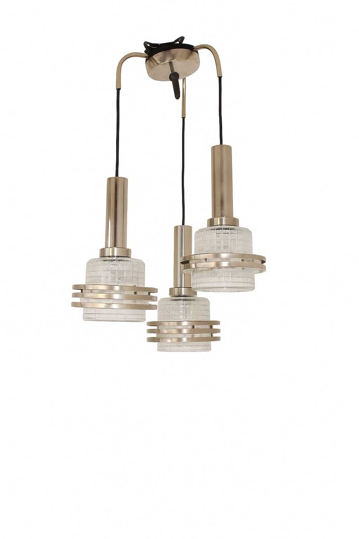 Modern pendant lamp, 1970s, metal and glass, 3xE27