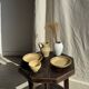 Small vintage yellow terracotta bowl with a handmade pedestal H8 D12