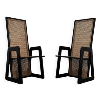 High-Backed Chairs in Lacquered Vienna Straw, 1970s, Set of 2