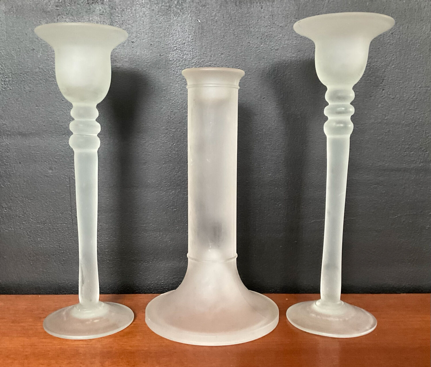 Vintage trio of frosted glass candle holders
