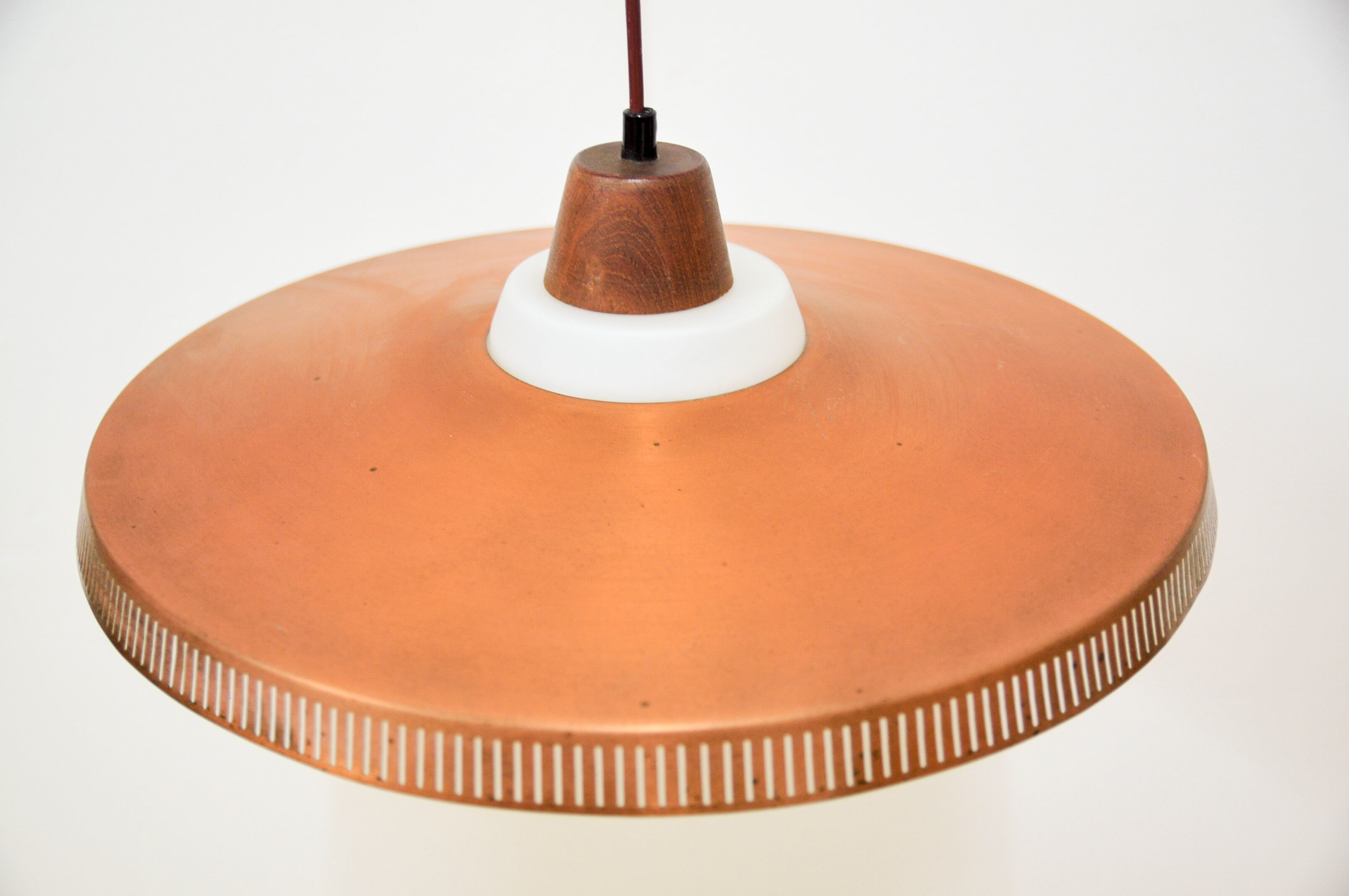 Copper milk glass & teak hanging lamp bent karlby for lyfa