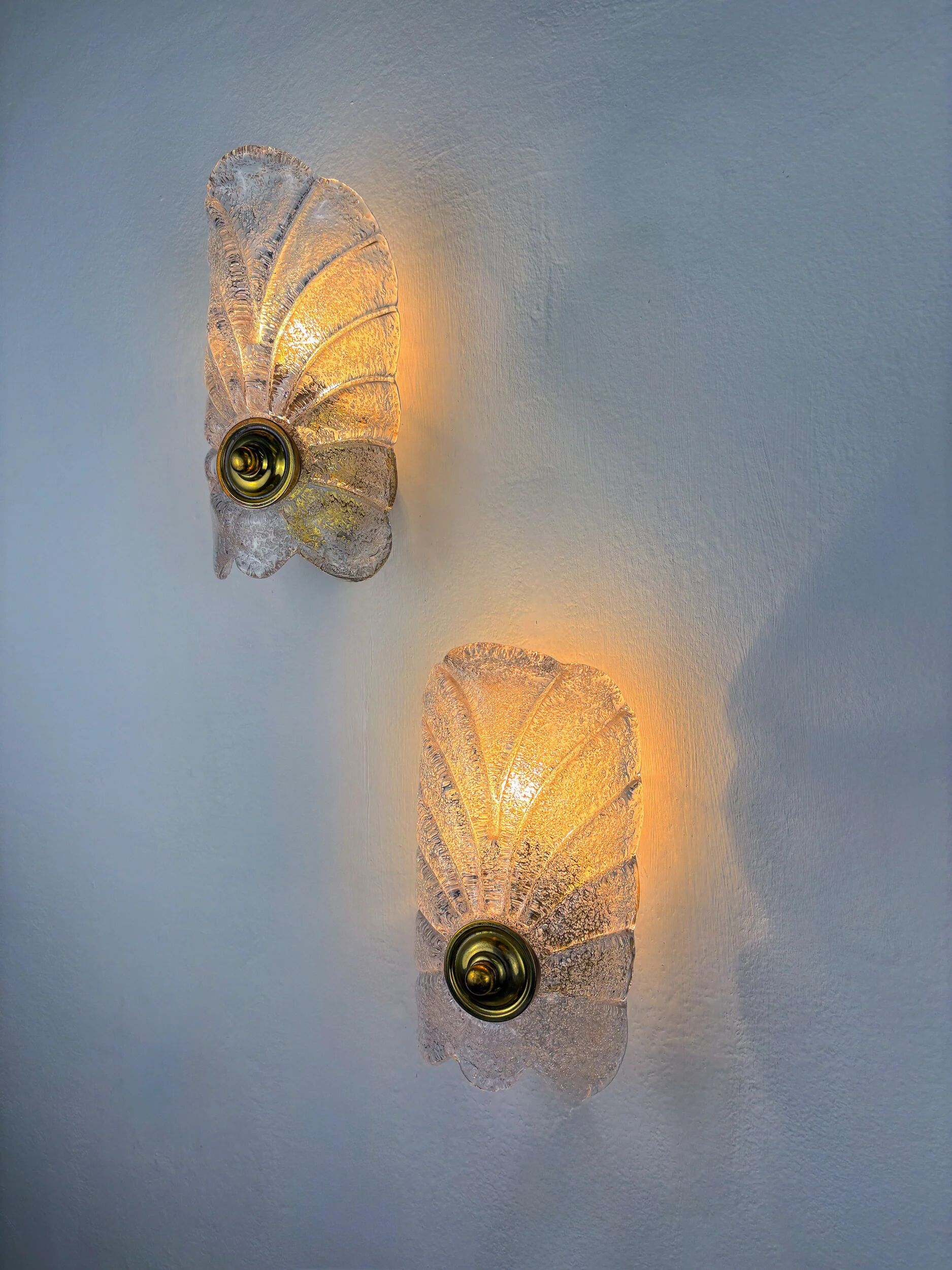Pair of Murano frosted leaf sconces, textured glass & gilt details, Italy 1970s