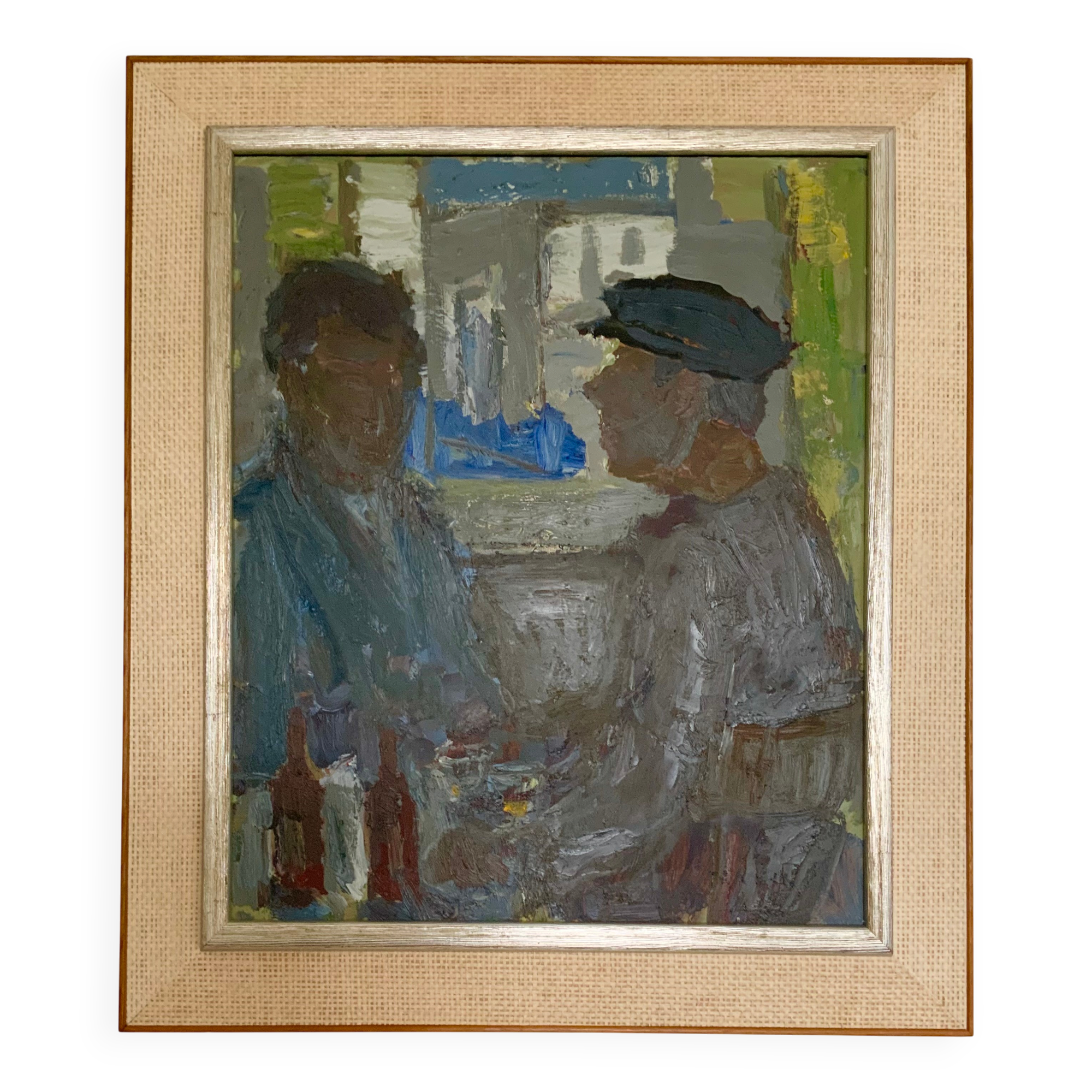 Original Svan Grandin Vintage Oil Painting  Portrait of two men in cafe