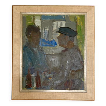 Peinture à l'huile de Svan Grandin, portrait de deux hommes dans un café