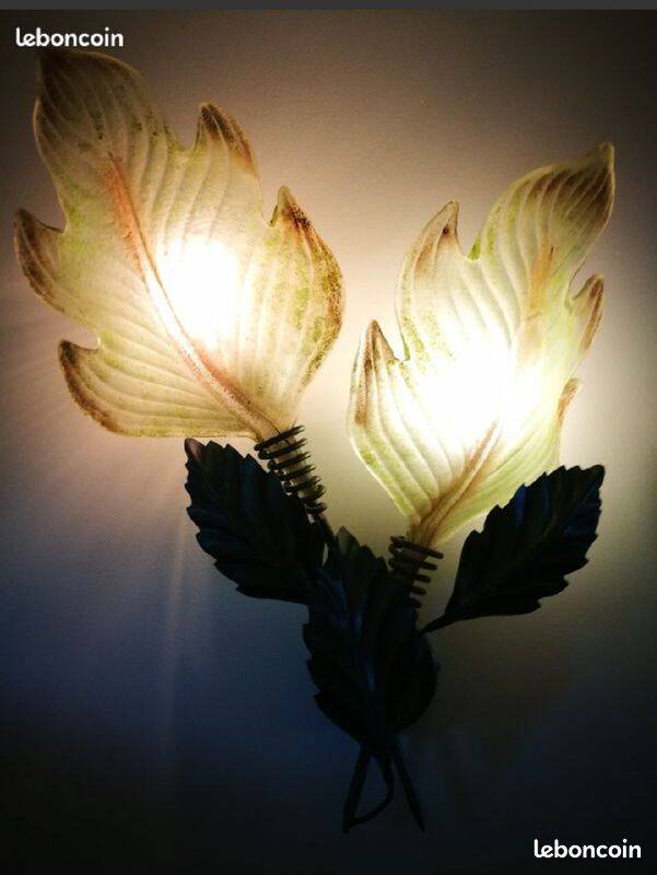 giant painted metal wall lamp Murano glass leaf design 63cm
