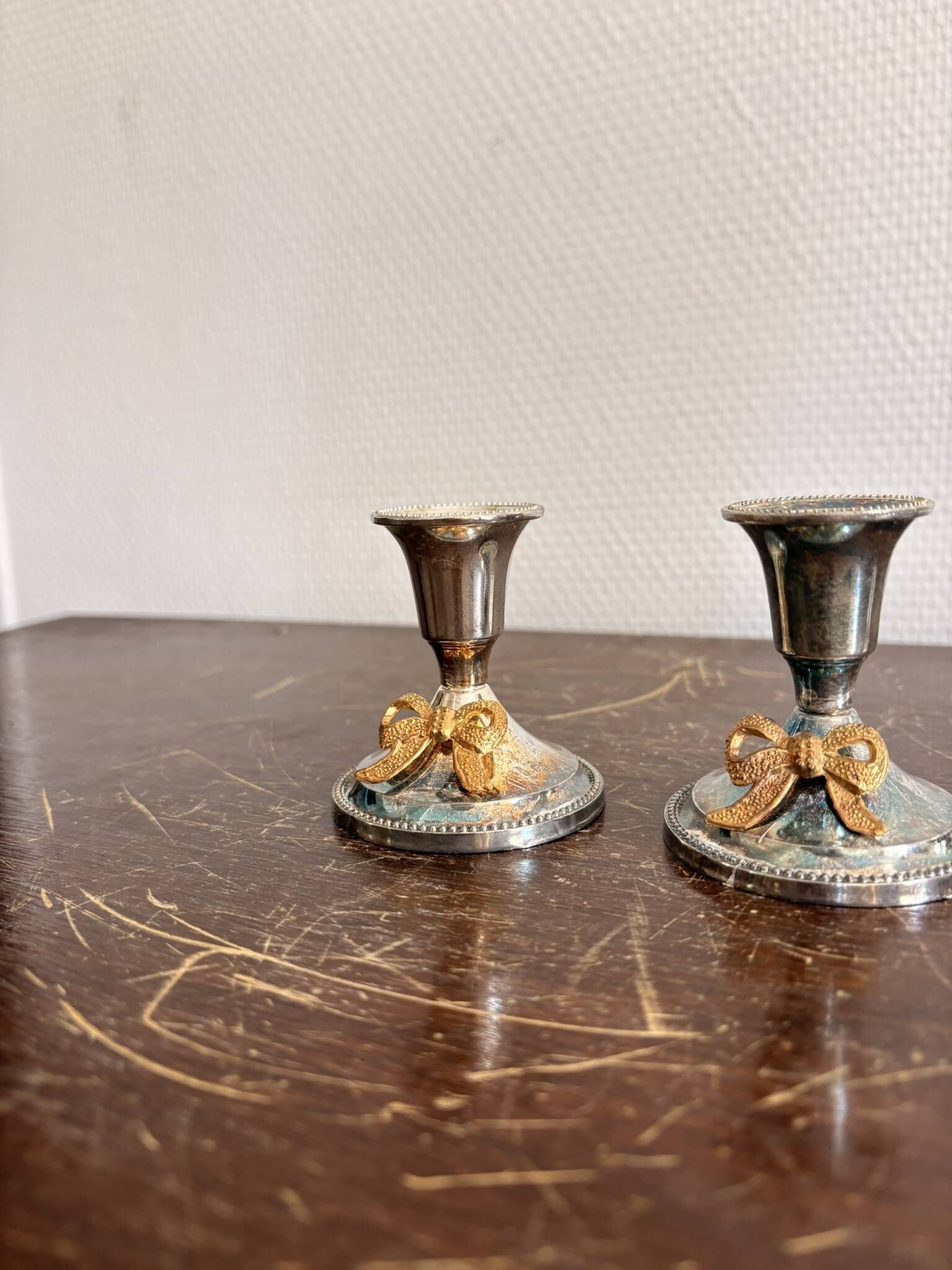 Antique Pair of Silver-Plated Metal Candle Holders with Golden Bow Louis XVI