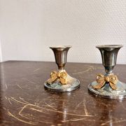 Antique Pair of Silver-Plated Metal Candle Holders with Golden Bow Louis XVI