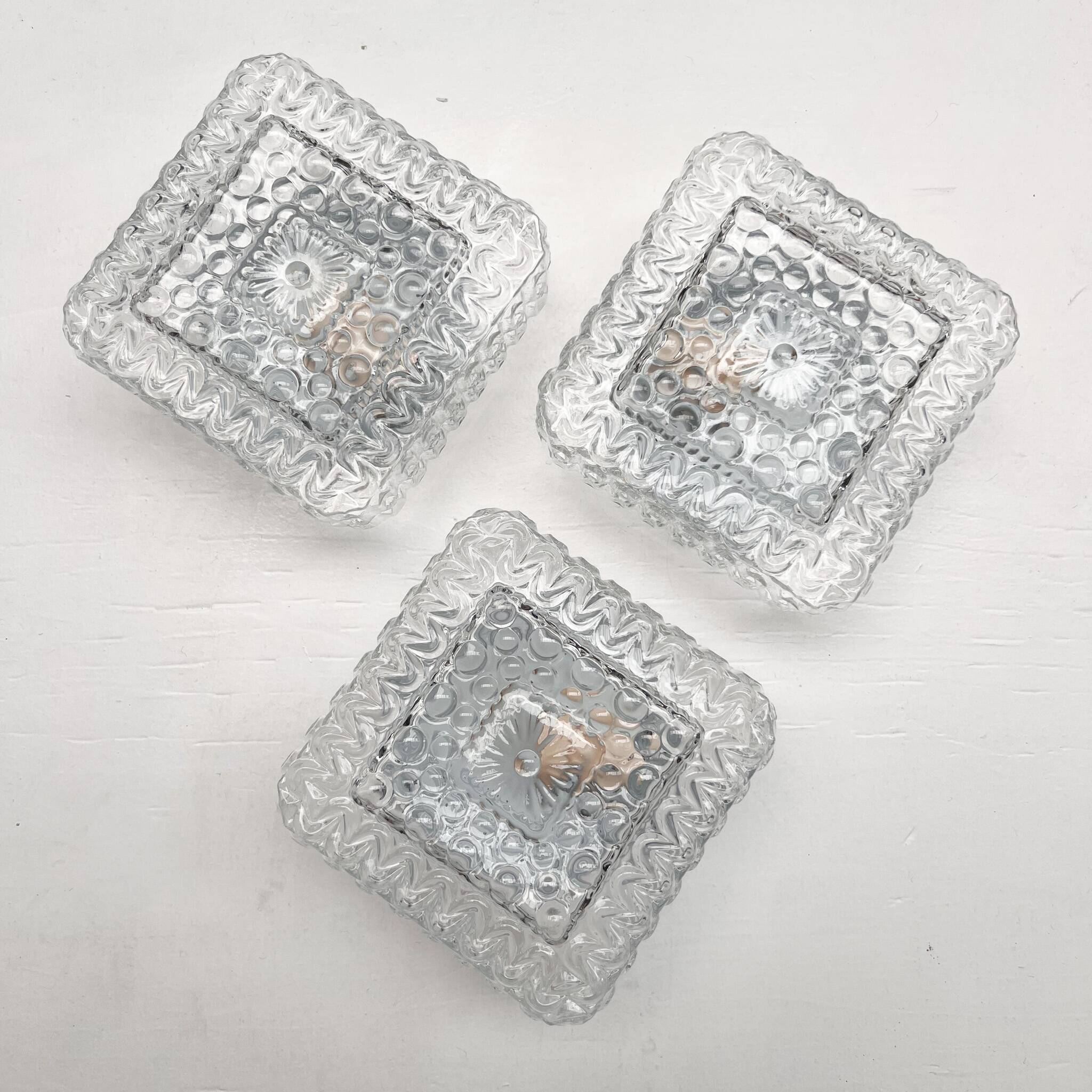 Set of 3 ice glass ceiling lamps, 1970s