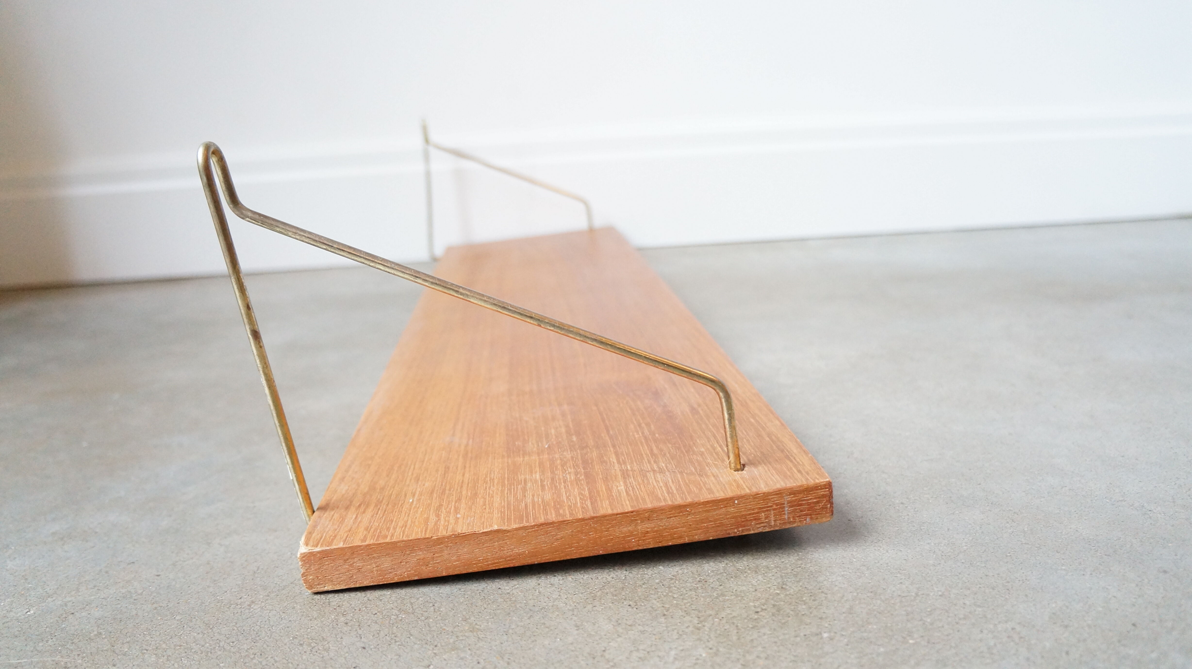 Vintage floating shelf teak brass brackets scandinavian