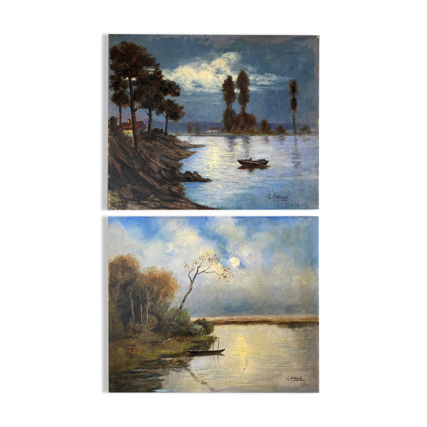 Paintings  "Lakescapes" nocturnal and daytime signed L. Arnoux