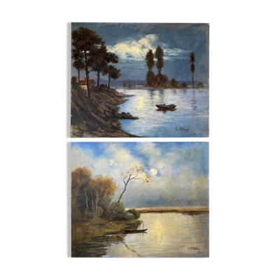 Tableaux  ''Paysages lacustres'' nocturnes et diurnes signés L. Arnoux
