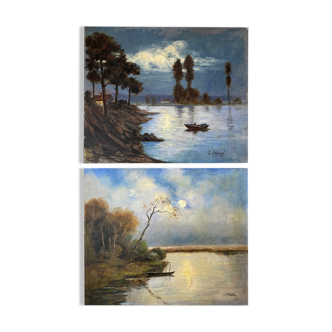 Paintings  "Lakescapes" nocturnal and daytime signed L. Arnoux